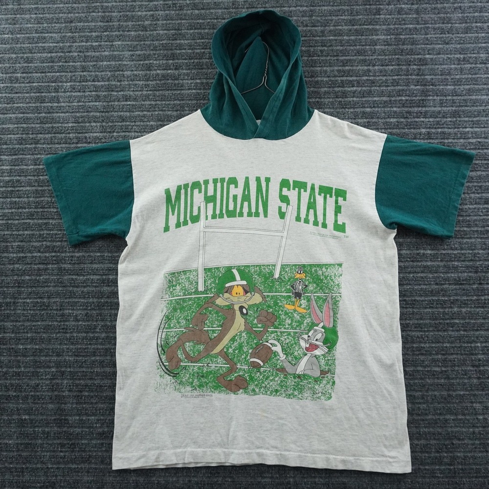 Vintage Michigan State Hooded Shirt XL Grey Green Looney Tunes Football 1994